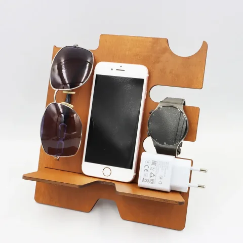 Suport universal de birou pentru telefon si ceas, ochelari, incarcator, WoodMag PD03, din lemn,